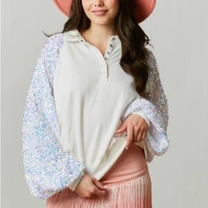 Fantastic Fawn White Top with Sequin Sleeves
